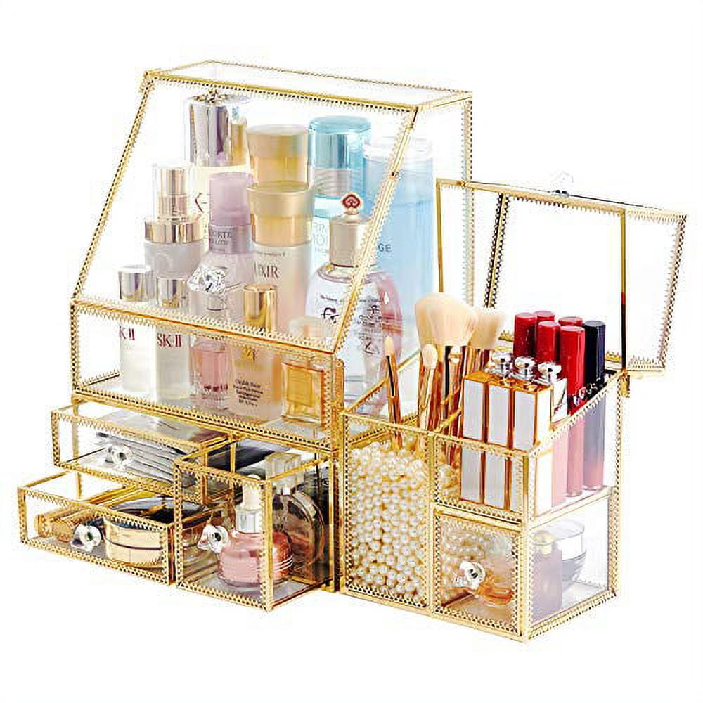 CONHENCI Large Glass Makeup Organizer Drawer Set Beauty Storage Bathroom  Counter