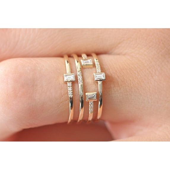 Stackable 4 Ring Set Moissanite Diamond Baguette and Round Diamonds on 10k Gold