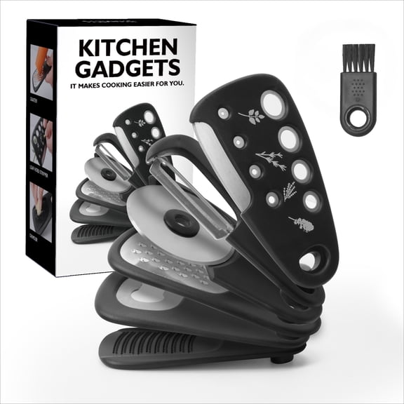 Stainless Steel Stackable 6-in-1 Kitchen Tools Set (Black) - Includes Grater, Peeler, Garlic Grinder, Herb Cutter, Bottle Opener, Pizza Cutter