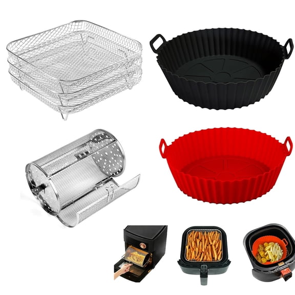 Stackable 8 Inch Square Air Fryer Rack Set with Rotating Basket & Silicone Liners