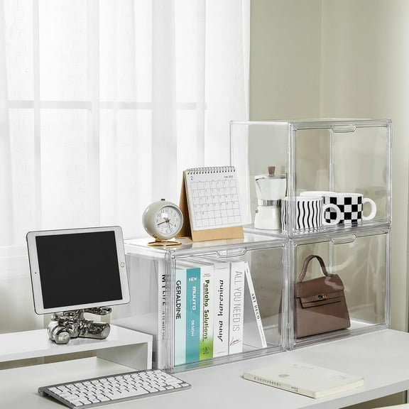 Stackable Acrylic Book Case with Magnetic Door - Clear Plastic Storage Organizer for Living Room, Bedroom, Home Use