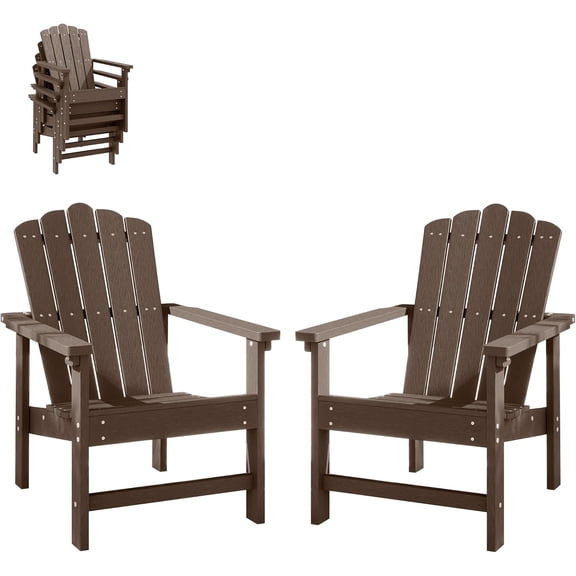 Stackable Adirondack Chairs Set of 2, Weather-Resistant Outdoor Patio Seating, Low Maintenance Poly Lumber Chairs for Porch, Deck, Garden, Fire Pit (Brown)