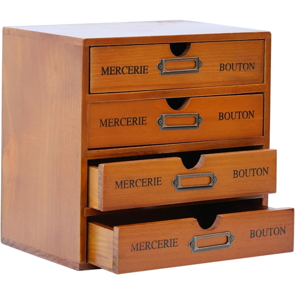 Stackable Apothecary Cabinet 4 Drawer Desk Organizer - Vintage Library Card Catalog Wood Storage Box - Office Desktop Dresser for Stationery, Thread Embroidery, Sewing, Crafts, Junk Drawer & Supplies