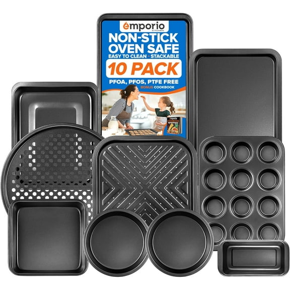 Stackable Baking Pan Set - Nonstick Gray Coating, Carbon Steel Bakeware Set, Recipe Booklet Included, Oven Safe Tray (Up to 450° F), Set of 10 - Gray