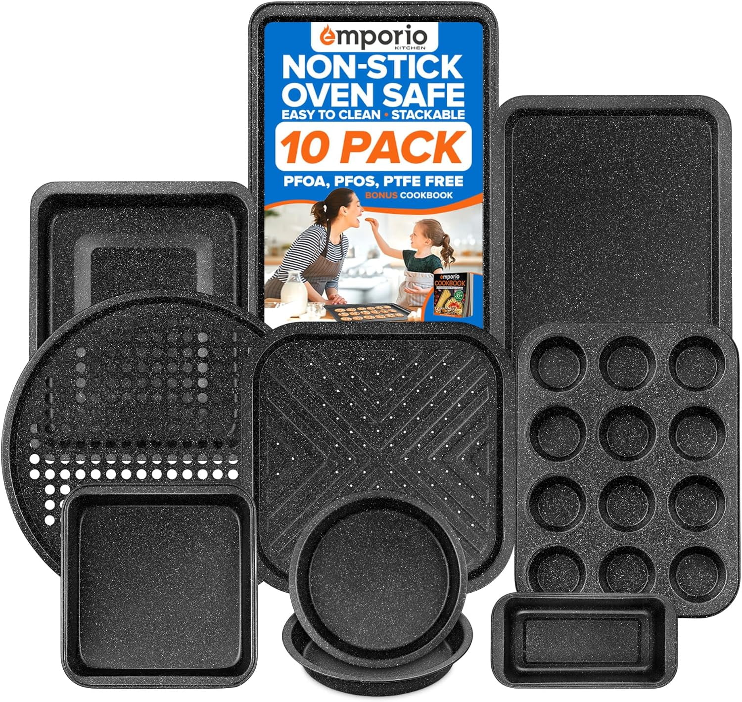 Stackable Baking Pan Set - Nonstick Gray Marble Coating, Carbon Steel Bakeware Set, Recipe Booklet Included, Oven Safe Tray (Up to 450° F), Set of 10 - Gray