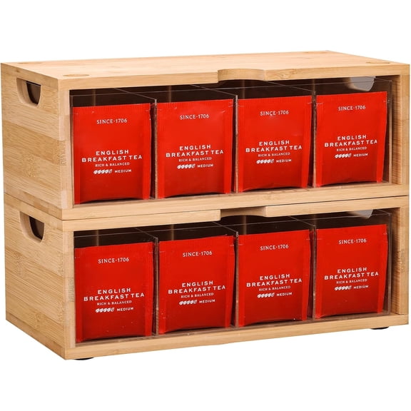 Stackable Bamboo Tea Box Organizer (Set of 2) - Large Capacity Tea Bag Storage Holder for Pantry & Cabinet - Multipurpose Tea Chest - Sustainable Kitchen Drawer & Office Breakroom Decor