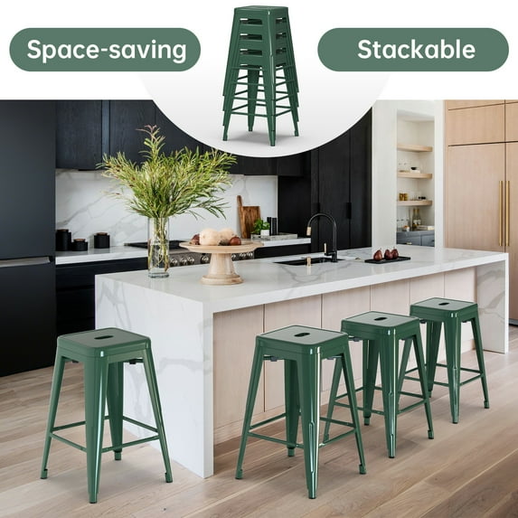 Stackable Bar Stools Set of 4, 24 Inch Metal Counter Height Stools for Indoor Outdoor Kitchen Patio Classroom Garden, Industrial Barstools (Dark Green)