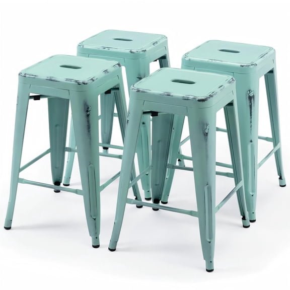 Stackable Bar Stools Set of 4, 24 Inch Metal Counter Height Stools for Indoor Outdoor Kitchen Patio Classroom Garden, Industrial Barstools (Distressed Mint Green)