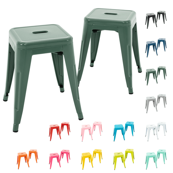 Stackable Bar Stools Set of 2, 18 Inch Industrial Backless Metal Barstools for Indoor Outdoor Kitchen Dining Patio Garden Classroom, Dark Green