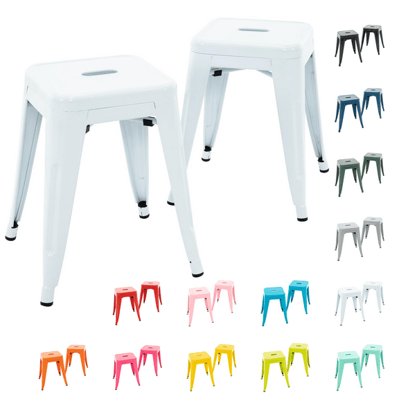 Stackable Bar Stools Set of 2, 18 Inch Industrial Backless Metal Barstools for Indoor Outdoor Kitchen Dining Patio Garden Classroom, White