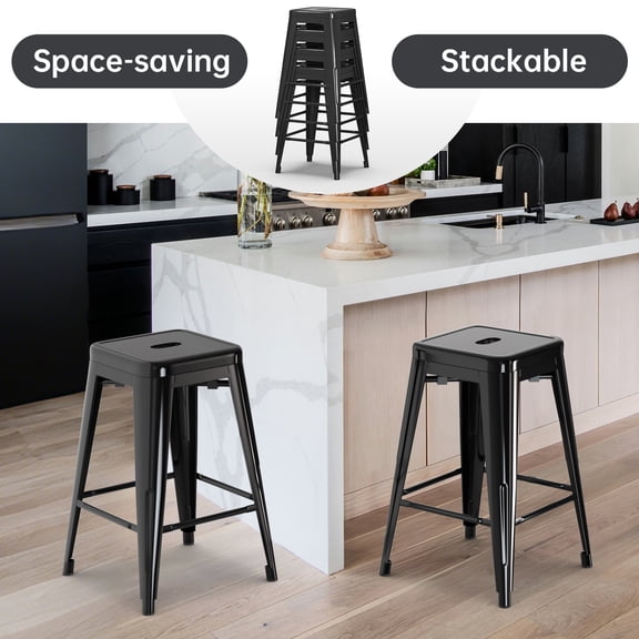 Stackable Bar Stools Set of 2, 24 Inch Metal Counter Height Stools for Indoor Outdoor Kitchen Patio Classroom Garden, Industrial Barstools (Black)
