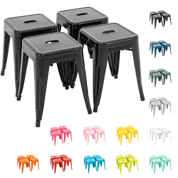 Stackable Bar Stools Set of 4, 18 Inch Industrial Backless Metal Barstools for Indoor Outdoor Kitchen Dining Patio Garden Classroom, Black