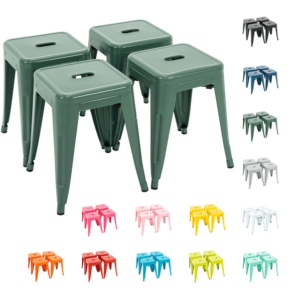 Stackable Bar Stools Set of 4, 18 Inch Industrial Backless Metal Barstools for Indoor Outdoor Kitchen Dining Patio Garden Classroom, Dark Green