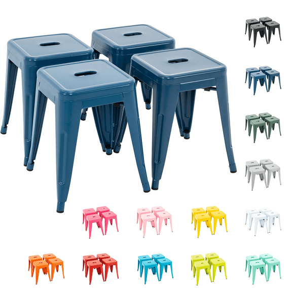 Stackable Bar Stools Set of 4, 18 Inch Industrial Backless Metal Barstools for Indoor Outdoor Kitchen Dining Patio Garden Classroom, Deep Blue