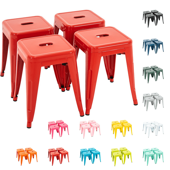 Stackable Bar Stools Set of 4, 18 Inch Industrial Backless Metal Barstools for Indoor Outdoor Kitchen Dining Patio Garden Classroom, Red