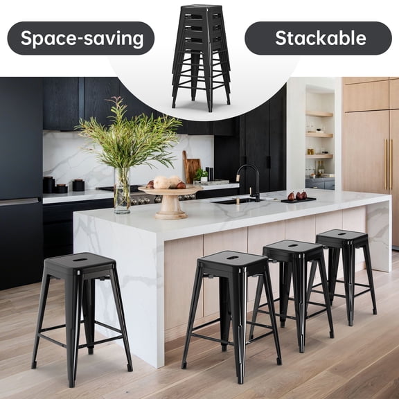 Stackable Bar Stools Set of 4, 24 Inch Metal Counter Height Stools for Indoor Outdoor Kitchen Patio Classroom Garden, Industrial Barstools (Black)