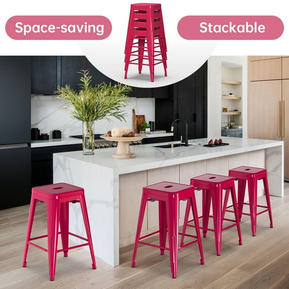 Stackable Bar Stools Set of 4, 24 Inch Metal Counter Height Stools for Indoor Outdoor Kitchen Patio Classroom Garden, Industrial Barstools (Hot Pink)