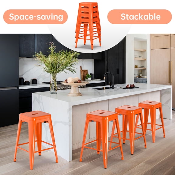 Stackable Bar Stools Set of 4, 24 Inch Metal Counter Height Stools for Indoor Outdoor Kitchen Patio Classroom Garden, Industrial Barstools (Orange)