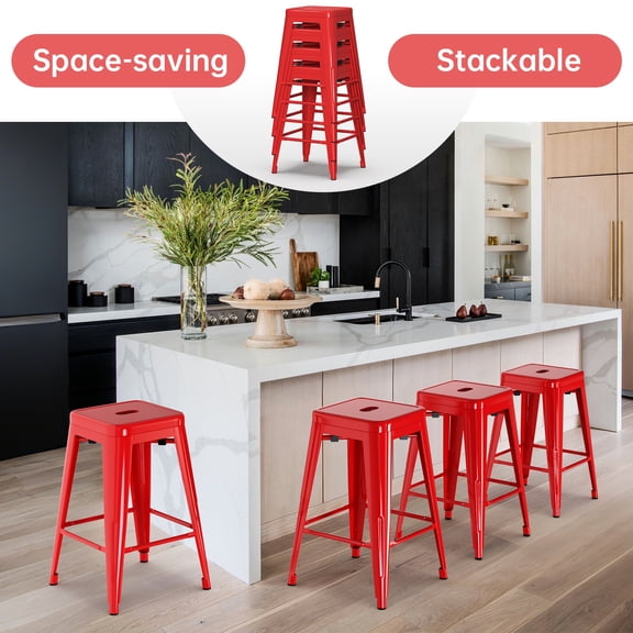 Stackable Bar Stools Set of 4, 24 Inch Metal Counter Height Stools for Indoor Outdoor Kitchen Patio Classroom Garden, Industrial Barstools (Red)