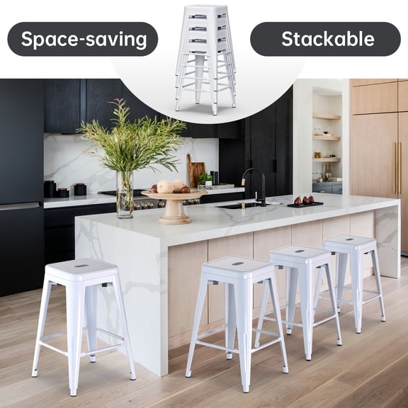 Stackable Bar Stools Set of 4, 24 Inch Metal Counter Height Stools for Indoor Outdoor Kitchen Patio Classroom Garden, Industrial Barstools (White)