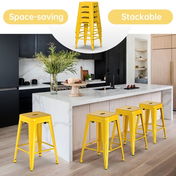 Stackable Bar Stools Set of 4, 24 Inch Metal Counter Height Stools for Indoor Outdoor Kitchen Patio Classroom Garden, Industrial Barstools (Yellow)