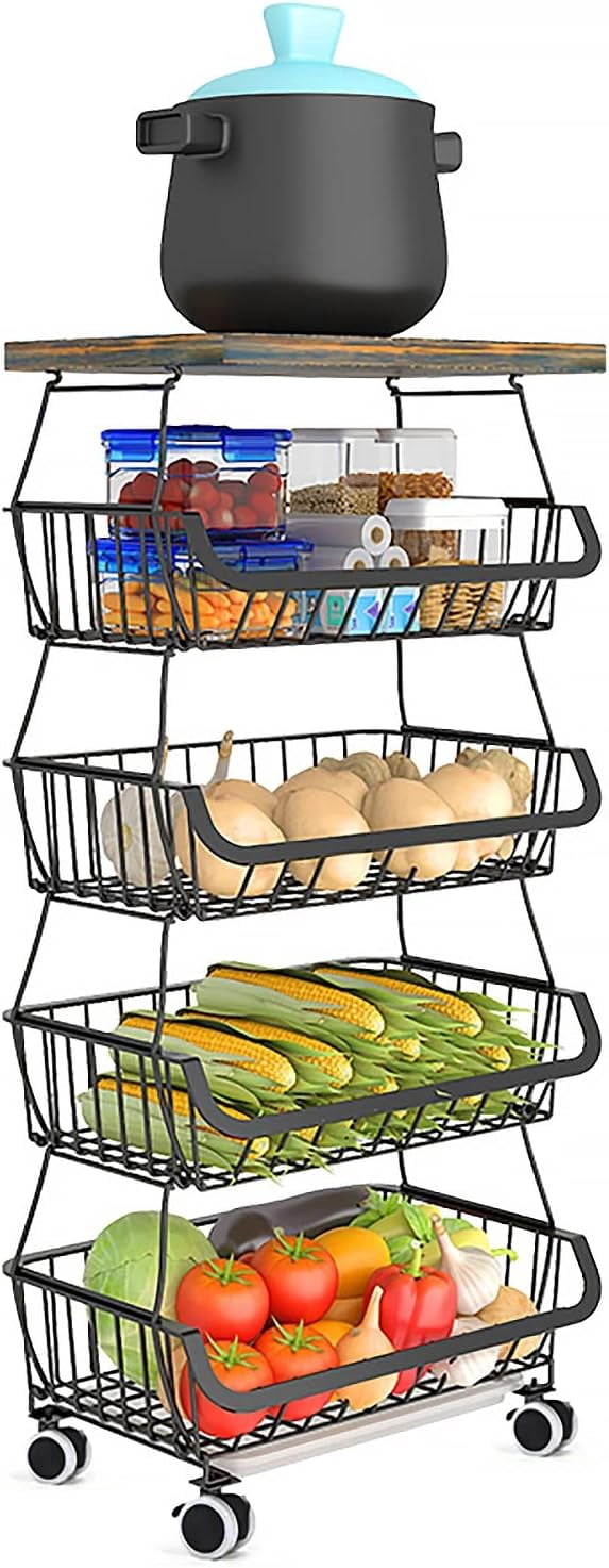 Curated visual reference: Metal Manufacturing Tabletop Produce Crate Storage Reference: Stackable Baskets 5 Tiers Wire Organizer Basket With Lockable Casters