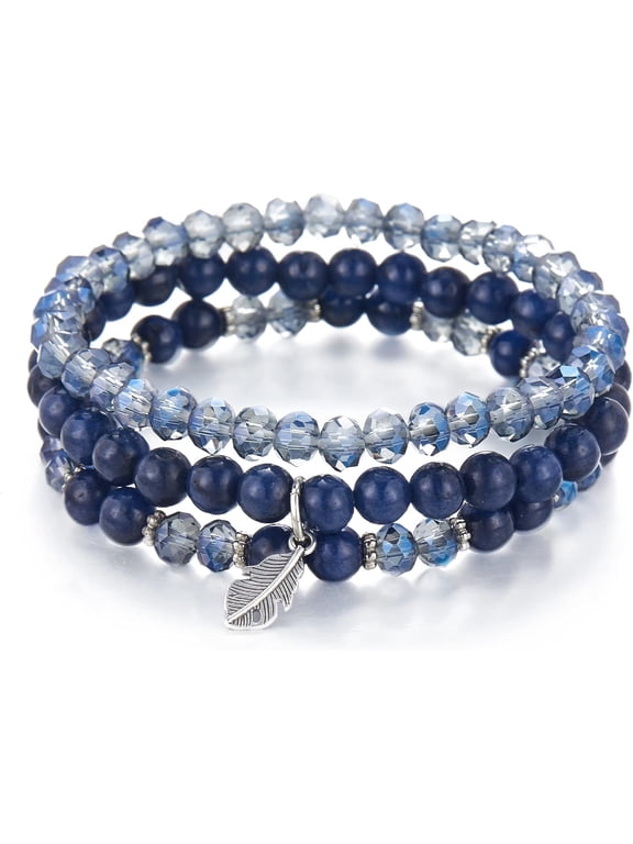 Stackable Beaded Bracelets for Women Boho Multi Layer Stretch Bracelets Natural Stone Bead Bracelet with Leaf Charm Jewelry for Women