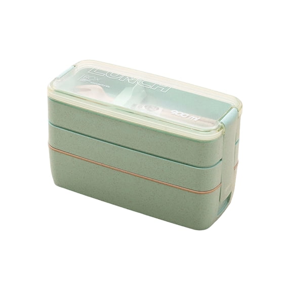 Stackable Bento Box Japanese Lunch Box Kit with Spoon Fork Microwave Oven Safety 3-In-1 Compartment Wheat Straw Meal Prep Containers for Kids Adults Green