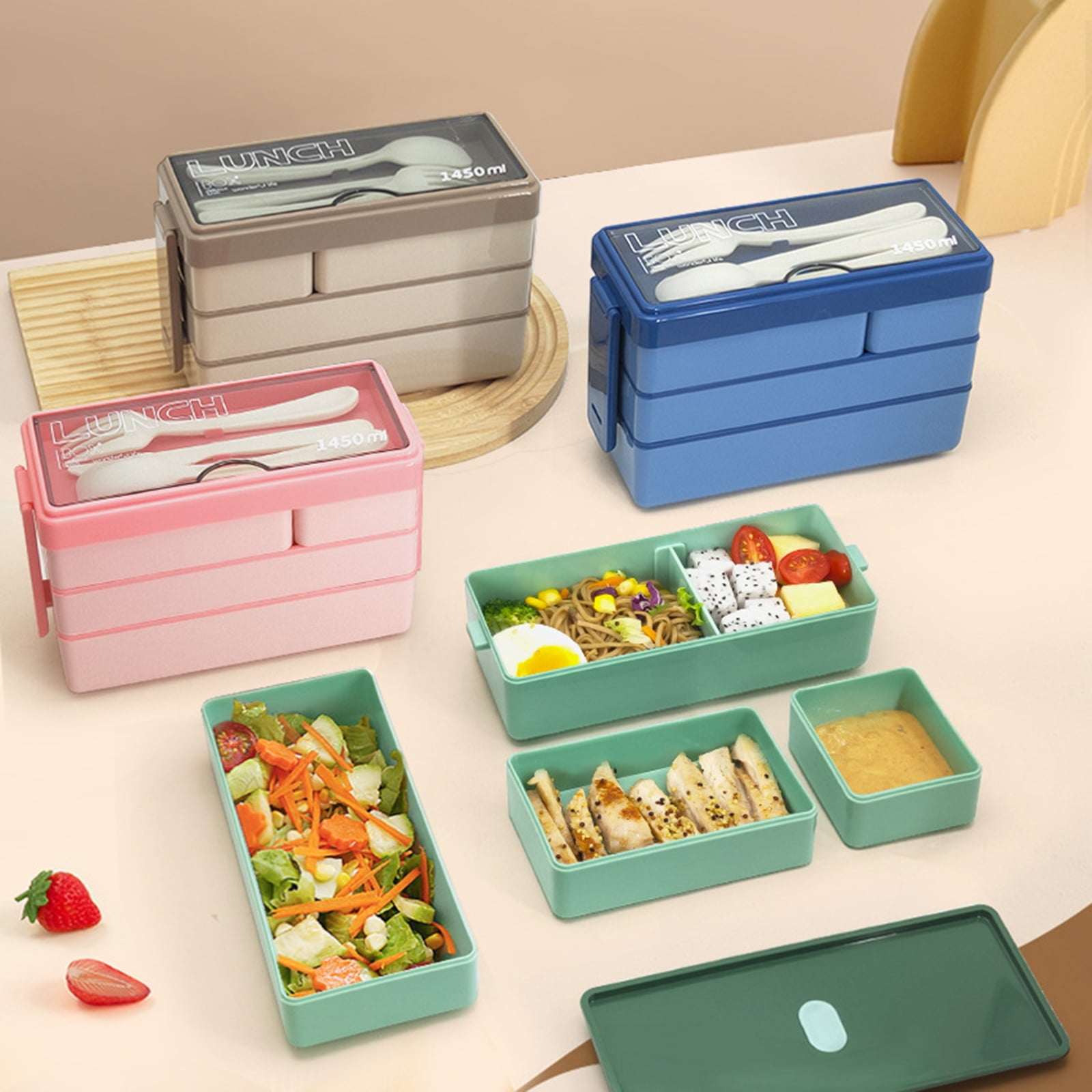 Stackable Bento Box Japanese Lunch Box Kit with Spoon Fork, 3In1