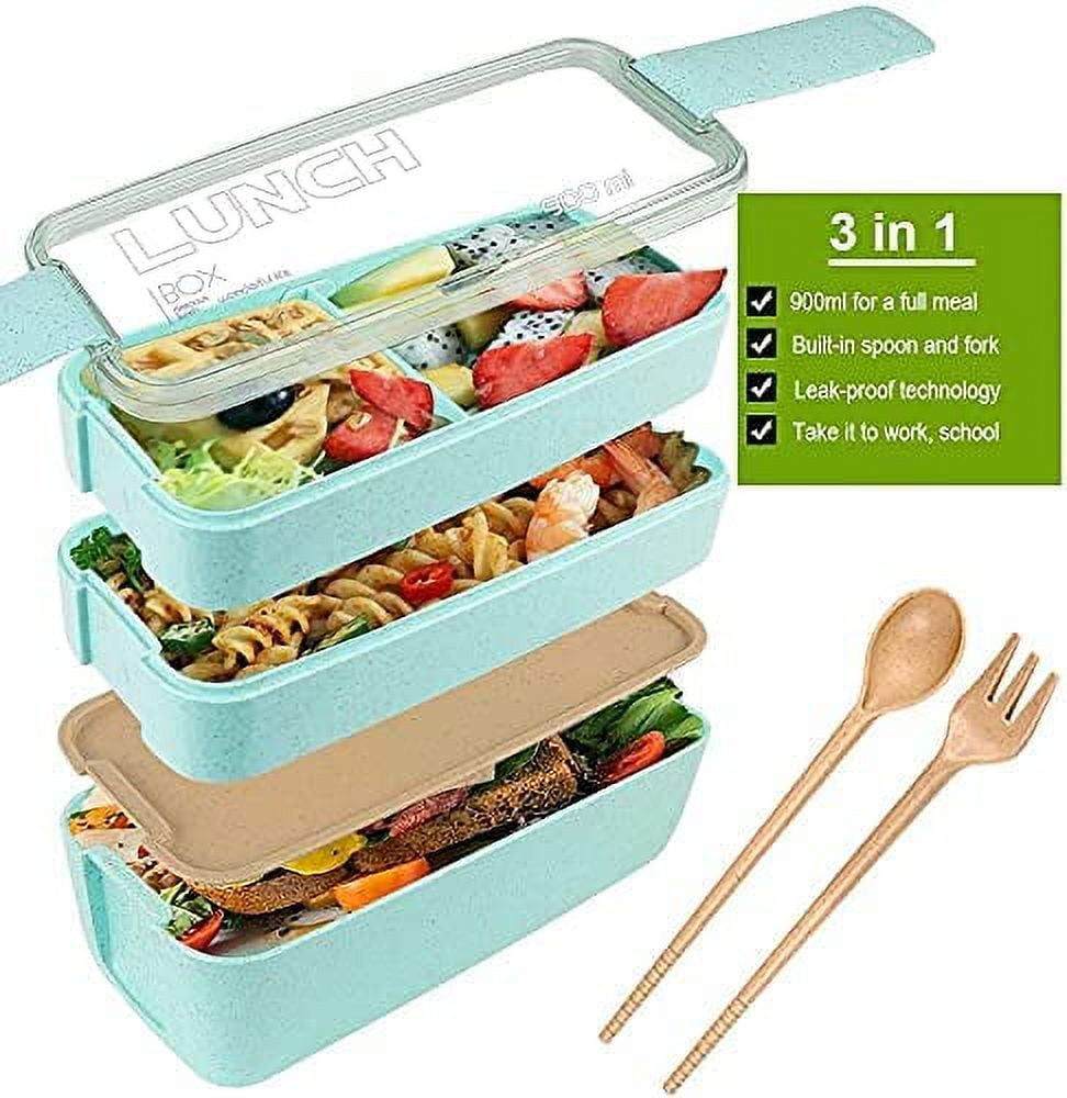  Rarapop 3 Pack Stackable Bento Box Adult Japanese Lunch Box Kit  with Spoon & Fork, 3-In-1 Compartment Wheat Straw Meal Prep Containers  (Green/Pink/Beige): Home & Kitchen
