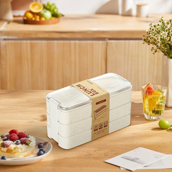 Stackable Bento Lunch Box Kit, 3-In-1 Compartment Wheat Straw Lunch Containers with Tableware, Reusable On-The-Go Meal and Snack Containers
