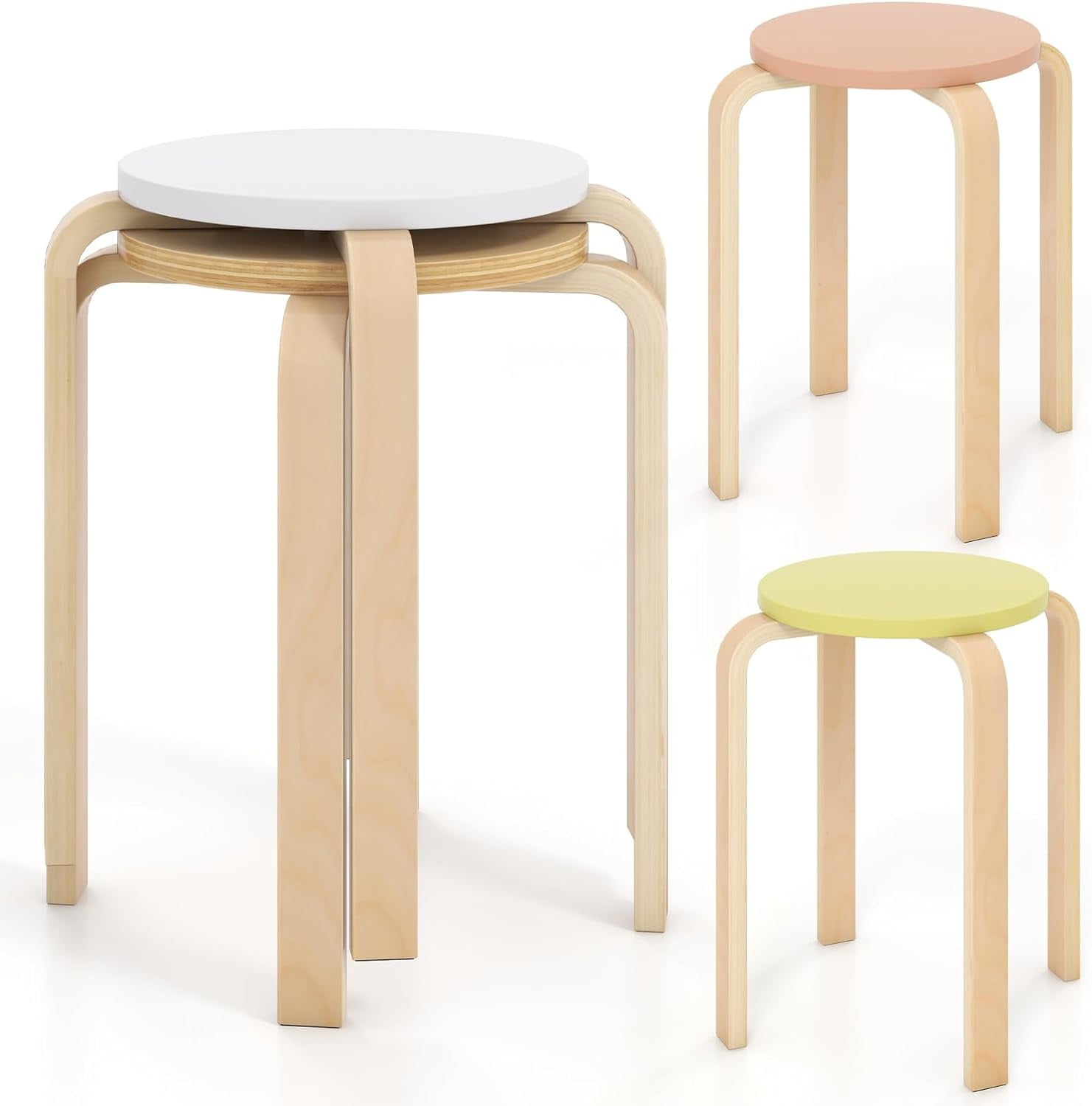 Stackable Bentwood Stools Set of 4, 18Inch Height Backless Counter