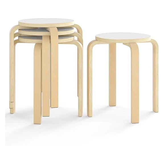 Stackable Bentwood Stools Set of 4, 18-Inch Height Backless Counter Chairs with Round Top, Anti-Slip Felt Pad, Portable School Stool for Dining Room, Kitchen, Classroom (Natural+White)
