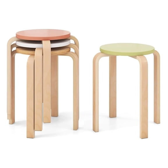 Stackable Bentwood Stools Set of 4, 18-Inch Height Backless Counter Chairs with Round Top, Anti-Slip Felt Pad, Portable School Stool for Dining Room, Kitchen, Classroom, Assorted Color