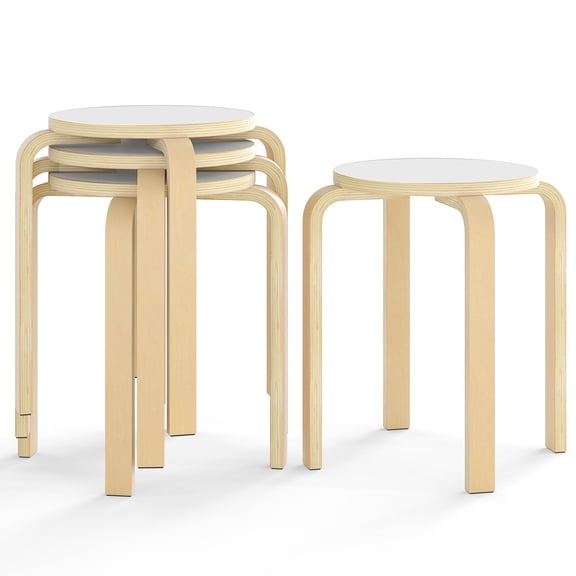 Stackable Bentwood Stools Set Of 4, 18-Inch Height Backless Counter Chairs With Round Top, Natural Wood + White Seat