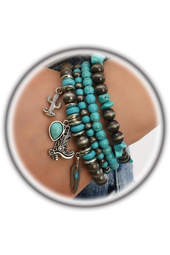Stackable Boho Turquoise Bracelet Set for Women,Vintage Heart Teal Beaded Elastic Bracelets,Western Jewelry Gift Ethnic Outfit Accessories