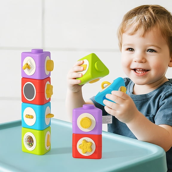 Stackable Busy Blocks Sensory Toy, 4PCS Montessori Activity Cubes for Infants, Interactive Building Blocks with Buttons, Spinners & Mirrors, Educational Toddler Toy for Fine Motor Skills