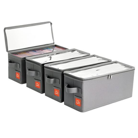 Stackable CD DVD Storage Cases 4-Pack Gray Media Organizer with Lid and Handle