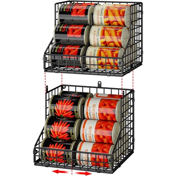 Stackable Can Organizer for Pantry with 2 Adjustable Dividers, Soda Can Organizer, Can Storage Dispenser Holds up to 28 Cans, 2 tier Metal Wire Baskets Can Holder for Kitchen Cabinet Pantry, Black