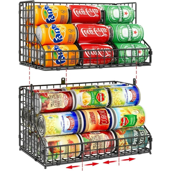 Stackable Can Organizer for Pantry,2 Tier Soda Can Organizer with 4 Adjustable Dividers Holds 42 Cans,Can Storage Rack Holder for Canned Goods,Can Dispenser for Refrigerator,Fridge,Countertop,2 Pack