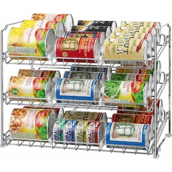Stackable Can Organizer Rack for Pantry/Cabinet – 11.5" D x 17" W x 13.75" H, Holds 36 Cans, 3-Tier Can Food Storage Dispenser, Chrome
