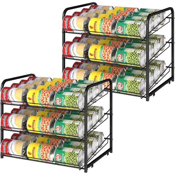 2 Pack Stackable Can Rack Organizer Can Dispenser Storage for 72 Cans Metal 3 Tier Storage Rack Holder for Kitchen Cabinet Pantry Countertop Black