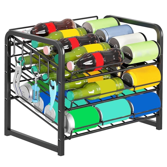 Stackable Can Rack Organizer, 3-Tier Carbon Steel Shelf – Holds Up to 36 Cans W/6 Hooks, 17" W x 11" D x 13.6" H – Pantry Cabinet Food Storage Dispenser,Black