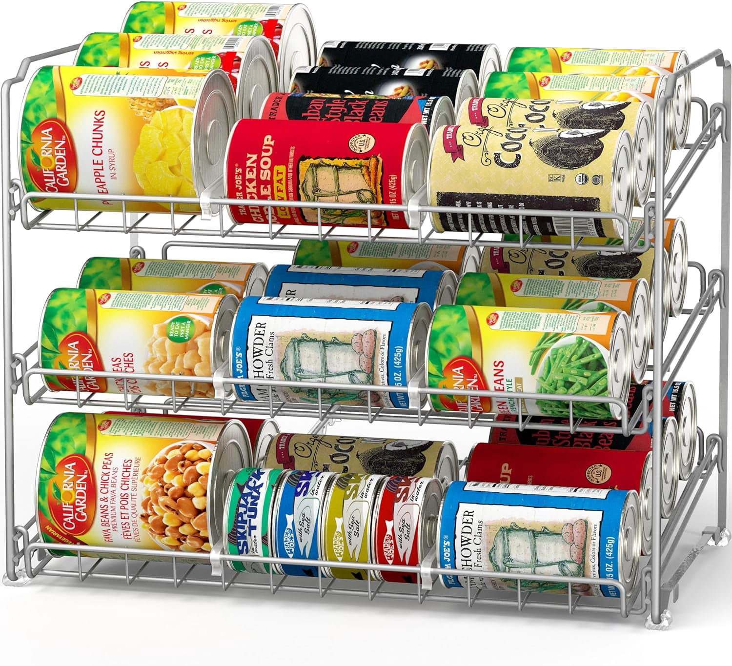 Stackable Can Rack, Silver, Adjustable Plastic Dividers, Holds 36 Cans ...
