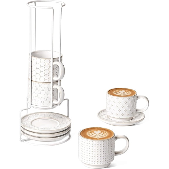 Stackable Cappuccino Cups with Saucers and Stand, Set of 4, 6 oz Ceramic Coffee Cup Set for Espresso Au Lait, Flat White, Tea, Americano, Dishwasher & Microwave Safe, Embossed, White