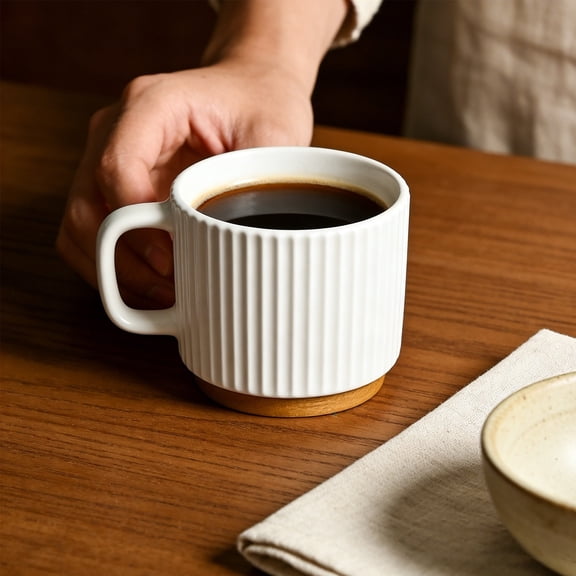 Stackable Ceramic Coffee Mug, 260ml (8.79oz) Vertical Ribbed Cup with Wooden Base, Compact Storage Design for Home and Office,