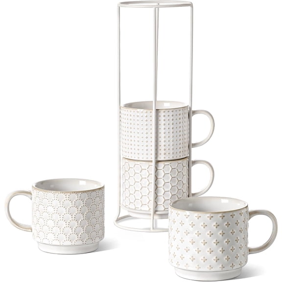 Stackable Ceramic Coffee Mugs Set with Stand, Embossed Design for Latte, Cappuccino, Tea - 12 oz, Set of 4, Arctic White
