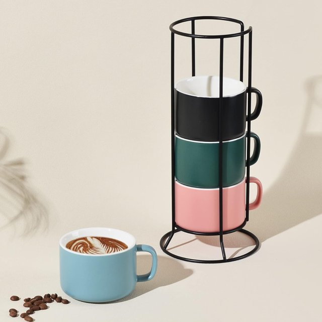 Stackable Ceramic Espresso Cups Set of 4 with Metal Stand 8 oz Coffee