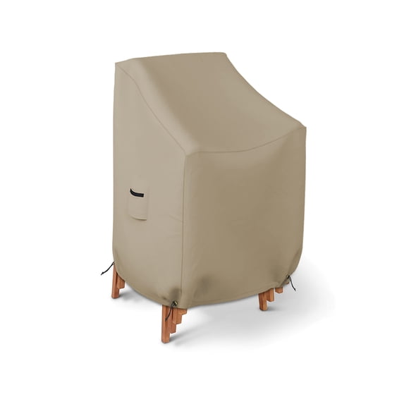 Stackable Chair Cover 12 Oz Waterproof - 100% Weather Resistant PVC Coated Patio Furniture Cover with Air Pockets & Drawstring for Snug Fit (28W x 30D x 49H x 15 FH, Beige)