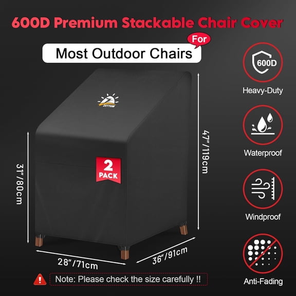 Stackable Chair Cover 2 Pack - 600D Outdoor Waterproof Heavy Duty Lawn Furniture Seat Protector for 4-6 Chairs